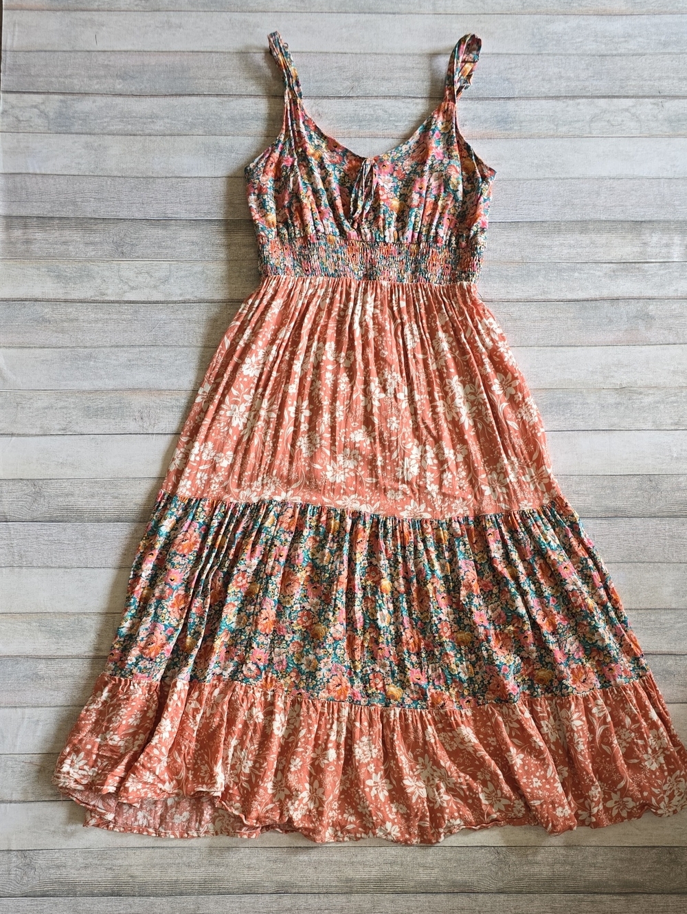 Maurices Bare Floral Patchwork Midi Dress Smocked Teal Coral Ivory Size Small